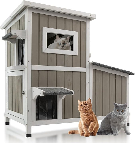 Outdoor Cat House Weatherproof, Two Story Wooden Feral Cat House Shelter with 3 Escape Door, Outside Cat Condo for Small Animals with Openable Asphalt Roof, Grey