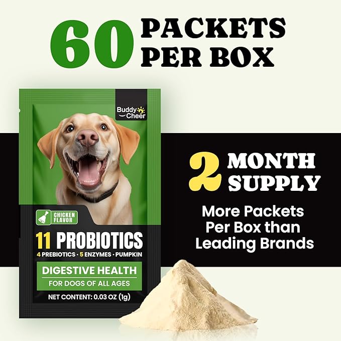 Probiotics for Dogs - 11 Strains with 4 Prebiotics & 5 Enzymes, Dog Probiotics Powder for Diarrhea, Digestive Health & Food Sensitivities, Chicken Flavor Dog Probiotic - 60 Single Packets