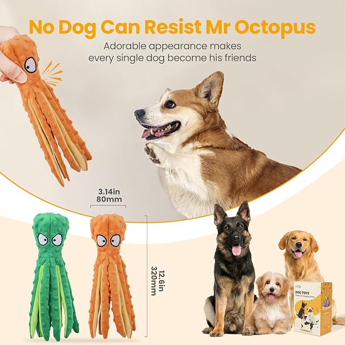 HGB Squeaky Dog Toys - Octopus No Stuffing Crinkle Plush Large Dog Toys to Keep Them Busy for Puppy Teething Chewing, Pet Supplies for Small, Medium, and Large Breeds, 2 Pack