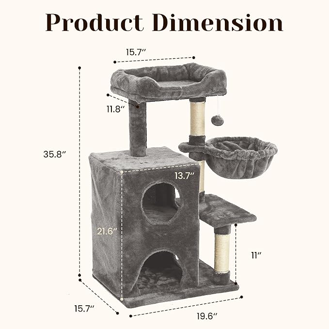 Multi-Level Cat Tree Tower for Large Cats with Scratching Posts, Condos, Perch, Hammocks & Toys, Cat Jungle Gym for Indoor Cats, Ideal for Multi-Cat Households, Grey