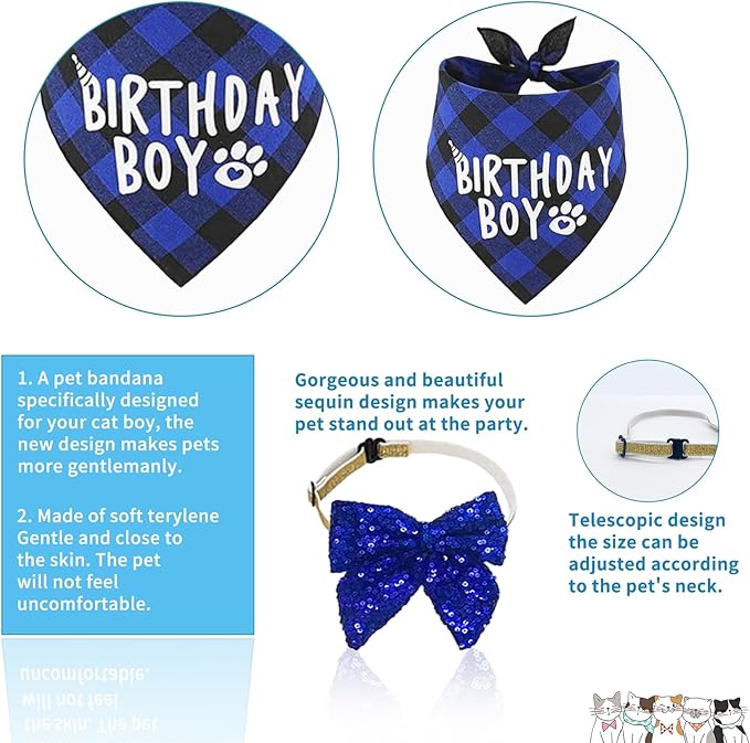 Cat Kitten Birthday Bandanas Cat Birthdays Party Supplies Party Hat Boy with Cat Birthdays Banner Balloons Meow Letter Foil Balloons for Boy Cats Kitten Decorations