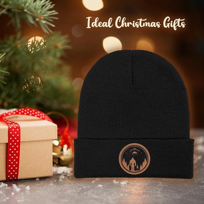 Big Foot Beanie Hat, Sasquatch Leather Patch Winter Knit Skull Cap Bigfoot Gifts for Adult Men Women
