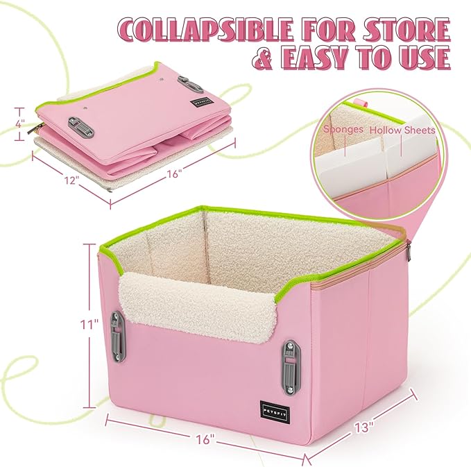 PETSFIT Small Dog Car Seat – Patented Safety Buckles – Safety Tether – Foldable Travel Cat Car Seat Reduces Anxiety & Road Trips – Stable Frame, Soft Cushion, Fits Front/Back Seat (Pink)