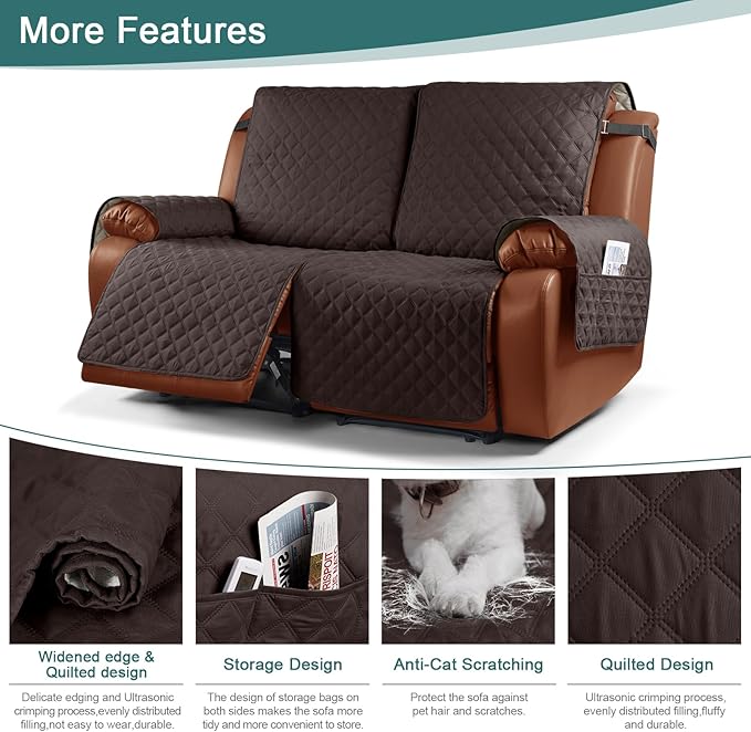 Ruaozz Waterproof Recliner Sofa Cover 1-Piece Couch Covers for Reclining Couches Reclining Sofa Cover Washable Furniture Protector with Elastic Straps Pocket for Kids, Pets (Chocolate, XL 2 Seater)