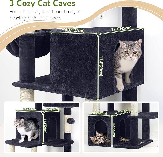Globlazer Cat Tree Tall, 71 inches Cat Tower for Indoor Adult Cats Multi-Level 3 Condos for Indoor Cats XL Cat Tree Tower with Scratching Posts, Soft Extra Large Hanging Basket, F71, Dark Gray