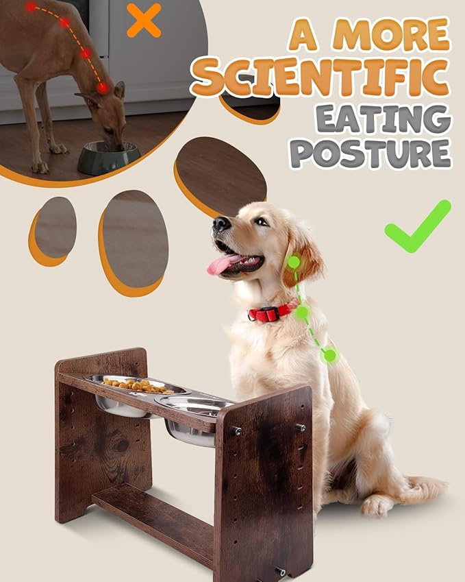 Elevated Dog Bowls, Adjustable Raised Dog Bowl Stand for Medium Size Dogs and Cats, Durable Bamboo Dogs Feeder with 2 Stainless Steel Bowls and Non-Slip Feet, Pet Food Bowl for Medium Sizes