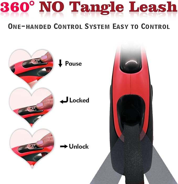 Retractable Dog Leash with Chew Proof Cable, 26ft Heavy Duty Retractable Dog Leash for Medium Large Dogs up to 110lbs，360° No Tangle, one-Hand Brake， Strong Nylon Strap That Won't Tangle,(Red)