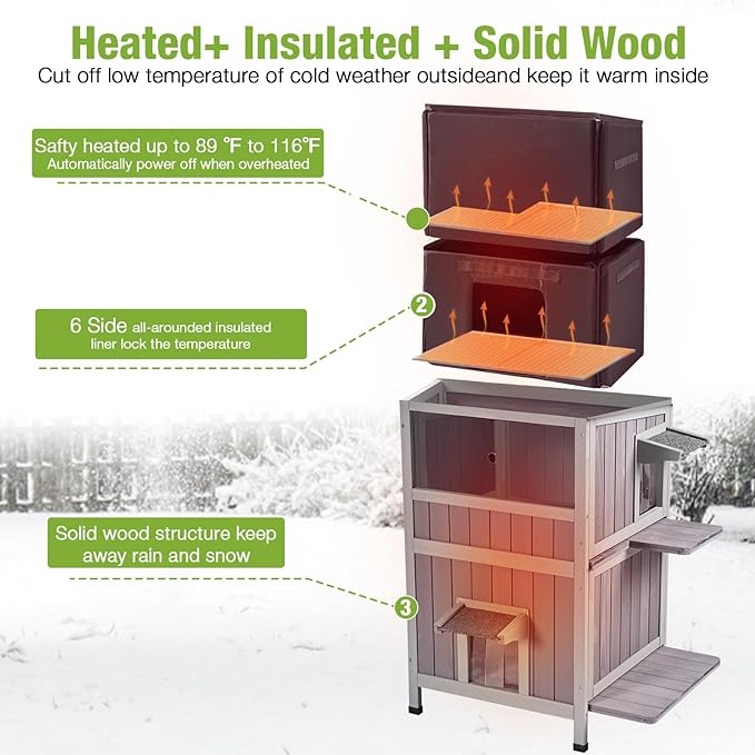 GUTINNEEN Heated Cat House for Outside Outdoor Cat House Insulated with Heated Pad, Insulated Liner, 2 Story Large Wooden Shelter with Two Escape Doors for Multiple Cats,Flat Roof
