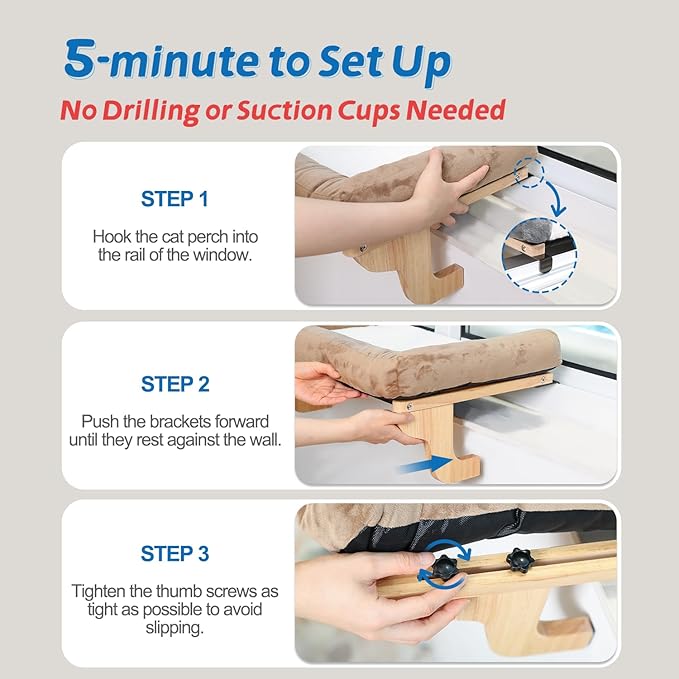 Zakkart Cat Perch for Window Sill with Bolster - Orthopedic Hammock Design with Premium Hardwood & Robust Metal Frame - Cat Window Seat for Large Cats and Kittens - Natural Color Wood Gray Bed, 24''W