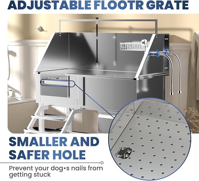 46" Dog Washing Station, Professional Stainless Steel Dog Bathtub w/Ramp & Storage Drawer, Adjustable Grate, Non-Slip Design, Perfect for Home Grooming & Large Dogs (46" Left Stair)