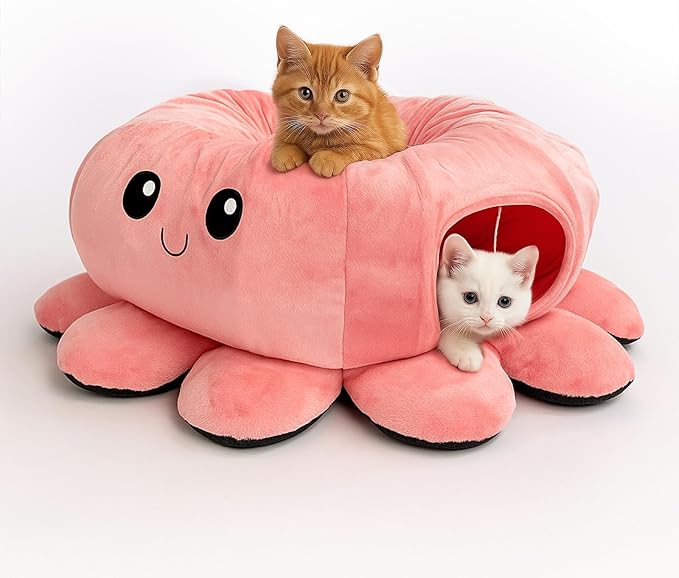 Cat Tunnel Bed for Indoor Cats, Peekaboo Cat Cave Bed,Soft Cat Donut Tunnel for Kitten Large Cats, Cute Pink Octopus Shaped