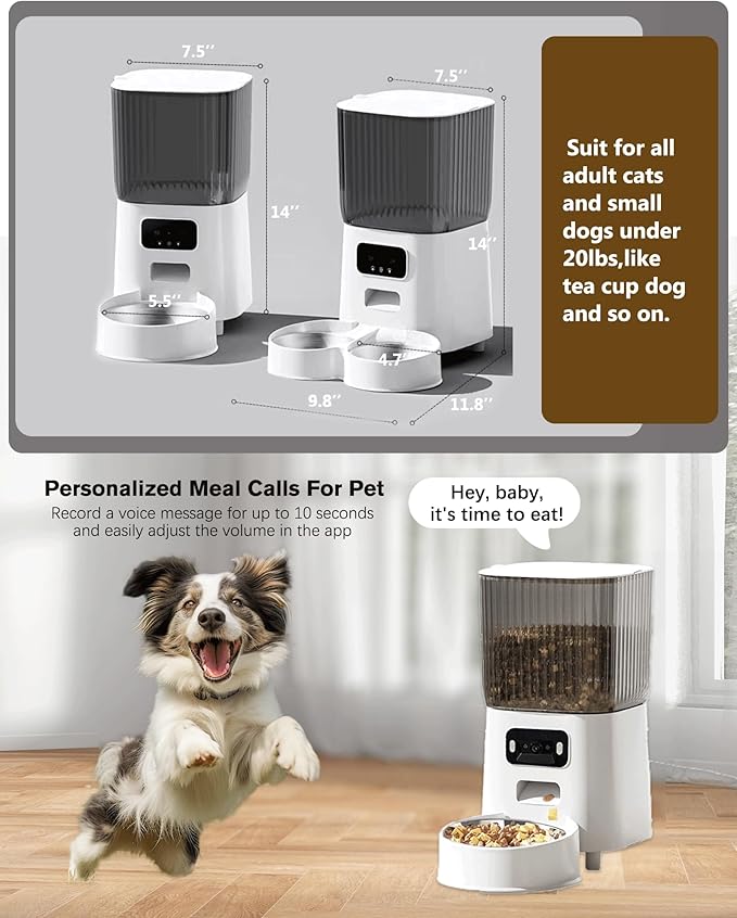 Automatic Cat Feeder, Camera Auto 2 Cats Dispenser 5L Microchip WiFi 2.4G&5G Timed Dual Pet Smart APP Dry Food Self Feeding Container Station (White)