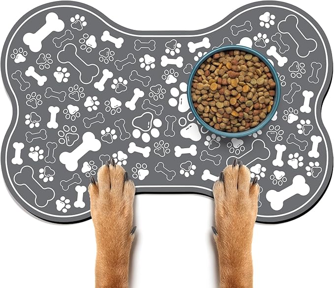 Dog & Cat Food Mat Bone Shaped Pet Feeding Mat Quick Absorb Water Bowl Placemat with Rubber Backing Indoor Floor Stain Resistant Pet Accessory Supplies (Dark Gray, 16x24 Inches)