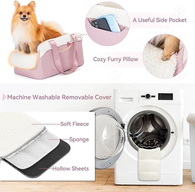 PETSFIT Cat Car Seat, Portable Console Dog Car Seat with Safe Protective Hooks, Luxury Pet Car Seat Includes Safety Leash and Storage Pocket for Pets Up to 9 lbs (Pink)