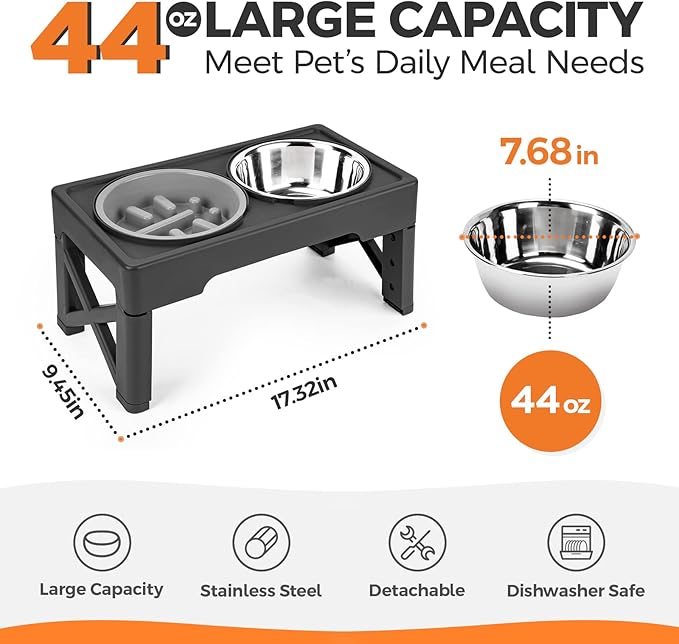 Elevated Dog Bowls with Slow Feeder, 4 Adjustable Heights Raised Dog Bowl Stand with Two 1.3L Stainless Steel Food & Water Bowls, Adjusts to 2.8”, 8.6”, 10.2”, 11.8” for Large Medium, Small Dog & Cats