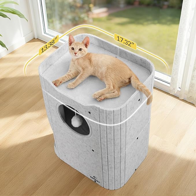Cat House for Indoor Cats Cat Bed Cave 2-Storey Cats Condo with Cozy Felt Covered Hideaway for Multiple Pets Light Gray