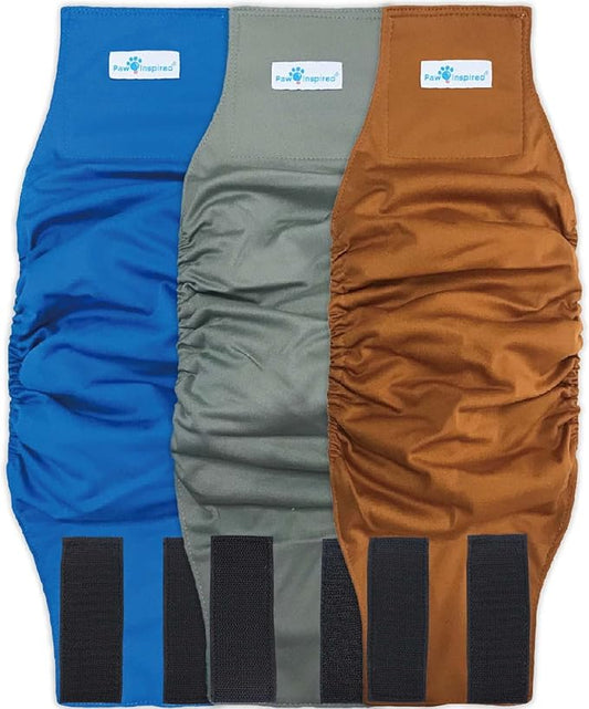 Paw Inspired 3-Count Reusable Male Dog Wraps, Washable Diapers for Male Dogs, Belly Bands for Incontinence, Surgery, Male Marking (Medium Size, Assorted Colors with Black Lining, Pack of 3)