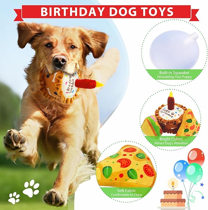 Birthday Squeaky crinkly Cake Aggressive chew for pups Sandwiches Pizza Party Dog Toy Colorful Playset to Keep Your Furry Friend Busy with 3 Pack Dog Toys for Birthday Gift Toys