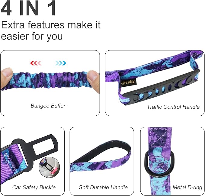 Hotsky Tactical Dog Leash Heavy Duty for Medium Large Dogs That Pull,4-6Ft Strong Bungee Shock Absorbing No Pull Dog Leash with Padded Double Handle and Car Seatbelt,Purple Camo