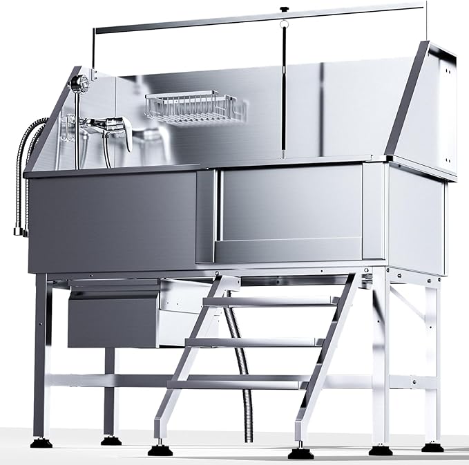 46" Dog Washing Station, Professional Stainless Steel Dog Bathtub w/Ramp & Storage Drawer, Adjustable Grate, Non-Slip Design, Perfect for Home Grooming & Large Dogs (46" Right Stair)