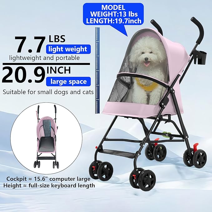 Pet Stroller for Small Dogs and Cats,CYUmail 4 Wheels Foldable Dog Stroller,Puppy Carrier for Small Dogs 0-15 lbs w/Cup Holder,Breathable Visible Mesh,Pink