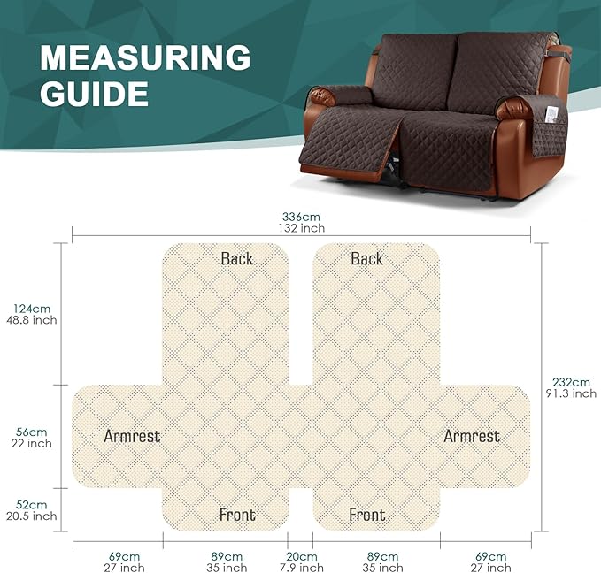 Ruaozz Waterproof Recliner Sofa Cover 1-Piece Couch Covers for Reclining Couches Reclining Sofa Cover Washable Furniture Protector with Elastic Straps Pocket for Kids, Pets (Chocolate, XL 2 Seater)