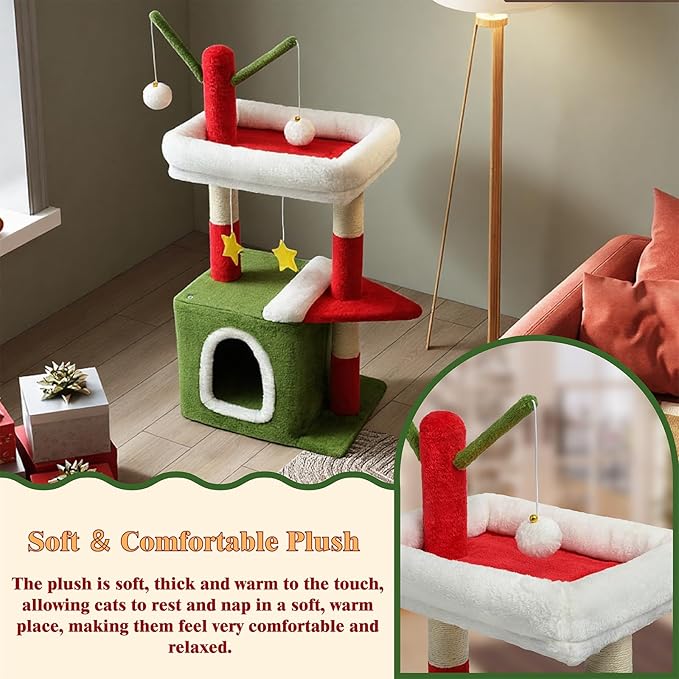 BYBYME 32" Christmas Cat Tree, Christmas Party Decoration for Cats, Sturdy Cat Furniture Set with Cat House, Hanging Toys, Scratching Sisal-Covered Posts（15.7 * 11.8 * 32in）