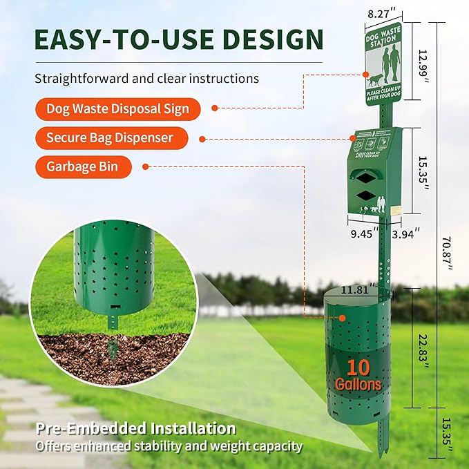 Dog Waste Station - Durable Dog Poop Trash Can Outside with 10-Gallon Capacity, Poop Bag Dispenser, and Convenient Lid, Pet Waste Station for Easy Clean-Up in Parks, Yards, and Public Spaces