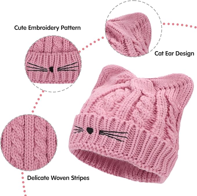 Kids Girls Cat Ear Hat Winter Warm Knit Beanie Cute Ski Skull Cap for Ages 7-12
