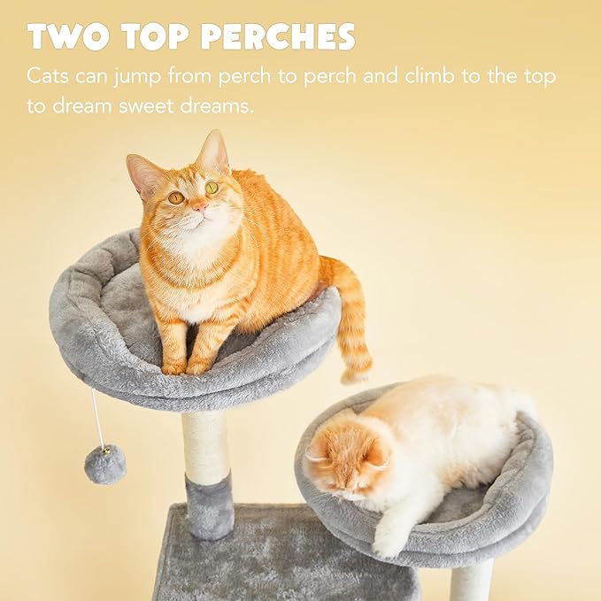 Cat Tree for Indoor Cats - 63in Multi-Level Large Cat Tower with 2 Big Cat Condos, 2 Padded Perches, Hammock, 6 Sisal-Covered Scratching Post and Toys for Kittens Pet Play House, Light Grey