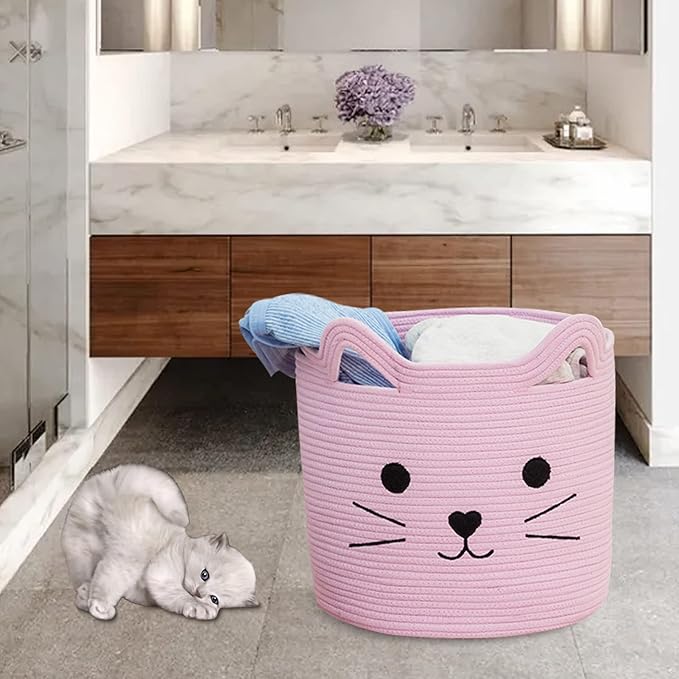 VK VK·LIVING Cat Toy Basket Cute Cotton Rope Animal Storage Pink Laundry Baskets for Toys, Clothes,Gifts,Towels, Blankets, Pet Bed Pink Laundry Hamper for Organizing 15''x14''