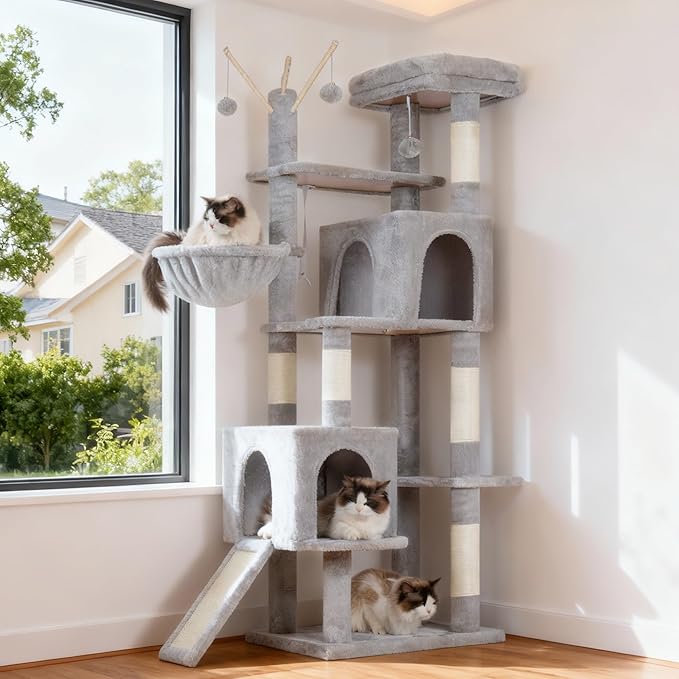 Hey-brother Cat Tree Tower, Sturdy Scratching Posts with Platform, Large Condos, Hammock, Removable Toys, Scratch Board, Multi-Level Furniture for Indoor Cats, 59.0 or 72.8 Inches, Light Gray MPJ055W
