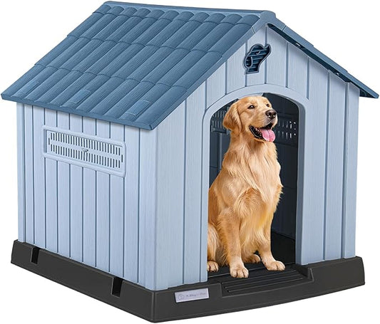 LEMBERI Large Plastic Dog House for Medium Large Dogs, Durable Waterproof Indoor Outdoor Doghouse with Air Vents and Elevated Floor, Easy to Assemble (Blue, 40.7" L x 37.2" W x 40" H)
