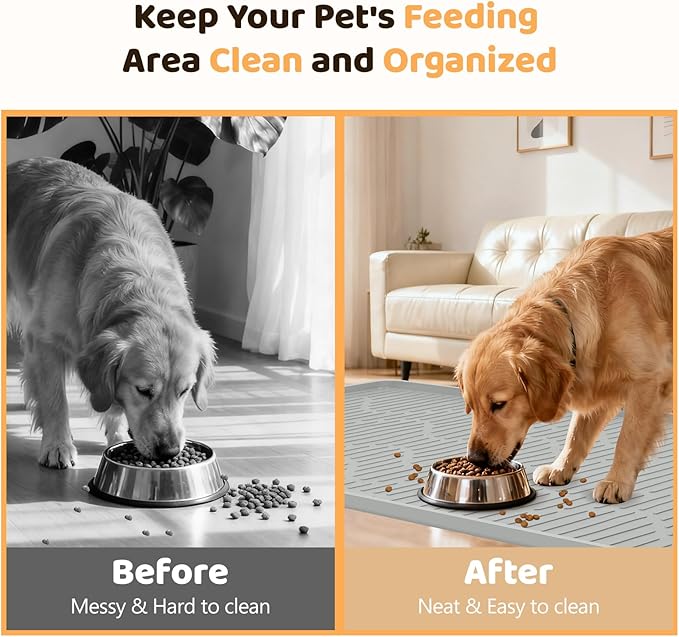 Silicone Cat & Dog Food Mat, 24" x 17" Large Pet Feeding Mat for Cats and Dogs Bowl, Pet Placemat for Food and Water with Raised Edge, Waterproof, Leakproof (Grey)