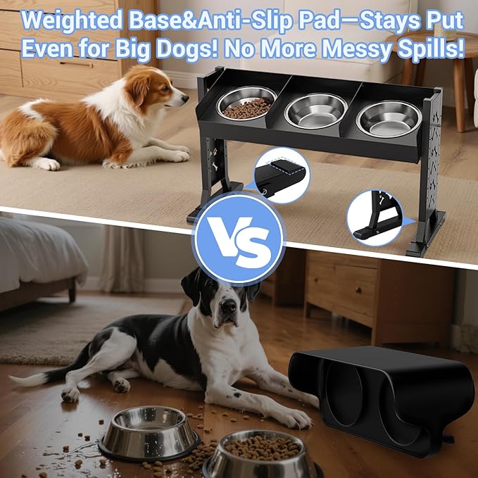Triple Elevated Dog Bowls Stand for Multiple Dogs,8 Height Adjustable Tilted Raised Dog Bowl Stand with 3 Stainless Steel 1.3L(44oz) Bowls, 21.9" Tall Pet Feeding Station for Large Breed Dogs