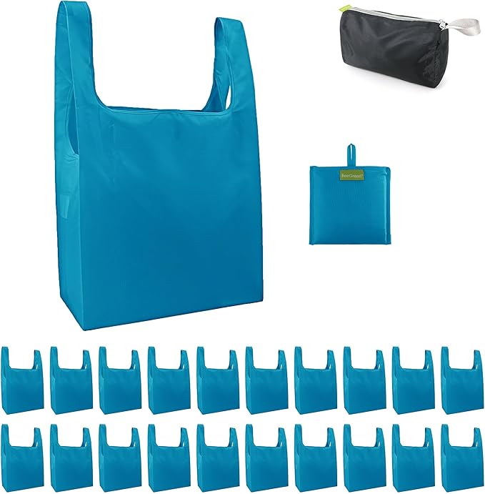 BeeGreen Light Blue Reusable Shopping Bags Wholesale Reusable Grocery Bags Bulk with Elastic Band Foldable-Machine Washable with Zipper Storage Pouch 20 Pieces
