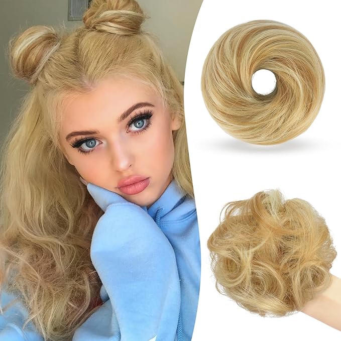 SOFEIYAN 2PCS Messy Bun Hair Piece Wavy Curly Chignon Extension Mini Messy Hair Bun Scrunchies Synthetic Donut Wig Accessory Updo Space Bun Hair Pieces for Women Girls, Strawberry Blonde&Bleach Blonde