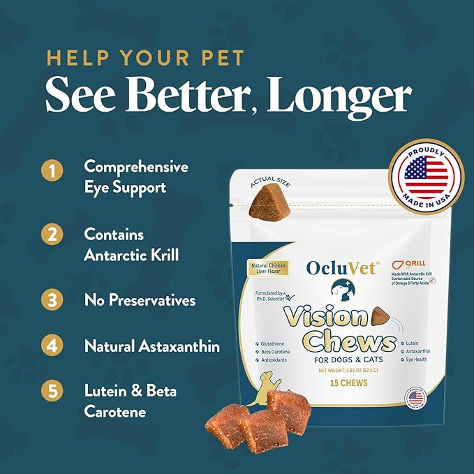 Vision Chews Eye Supplements for Dogs & Cats, Natural Chicken Flavor, Contains Omega 3, Lutein, Antioxidants, & More, Cat & Dog Eye Supplements, No Preservatives, Made in USA, 1 Bag, 15 Chews