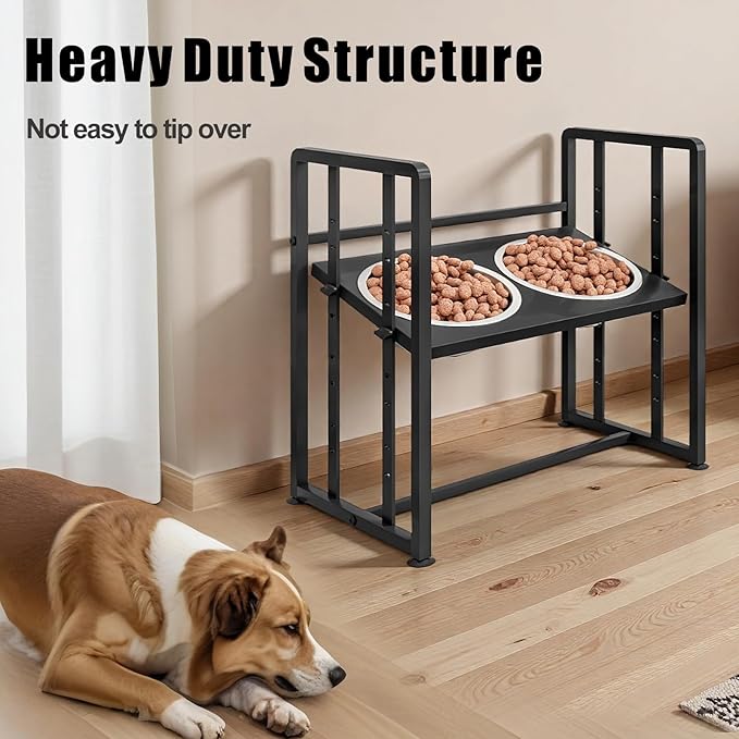 Elevated Dog Bowls 4 Height Adjustable Metal Pet Food Feeder Stand with 2 Stainless Steel Bowl Raised Dogs Feeding Station with Non-Slip Mats Black (Black, Without Feeding Mat)