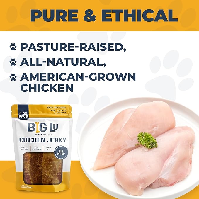 Big Lu Chicken Jerky Dog Treats – Premium Natural Air-Dried USA Chicken Breast for Dogs, High Protein, Grain-Free, No Additives or Preservatives, 4oz