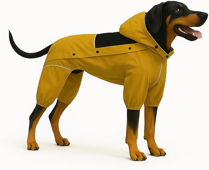 LOVELONGLONG Waterproof Dog Raincoat with Removable Hood – Outdoor Full Body Dog Jacket, Windproof Snowproof Shell Suit – All Season Pet Rain Gear Mustard Yellow XL