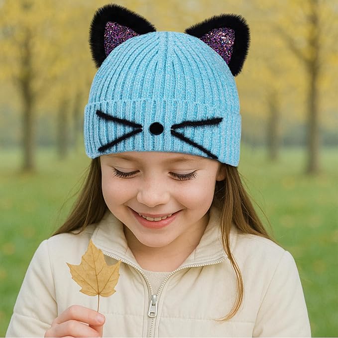 Kids Girls Cat Ear Hat Winter Warm Knit Beanie Cute Ski Skull Cap for Ages 7-12