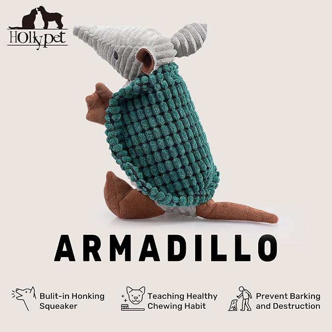 Hollypet Plush Dog Squeaky Toy Stuffed Armadillo Animal Pet Puppy Chew Toys with Clean Teeth for Small Medium Large All Breed Sizes Dogs, Deep Green, 10in