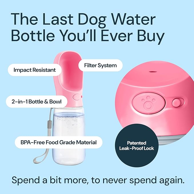 MalsiPree Dog Water Bowl Dispenser - 12 oz, Pink - One-Hand Operation & Dog Water Bottle Portable - Leak-Proof Lock & Travel Pet Bowl - BPA-Free Material & Pet Supplies