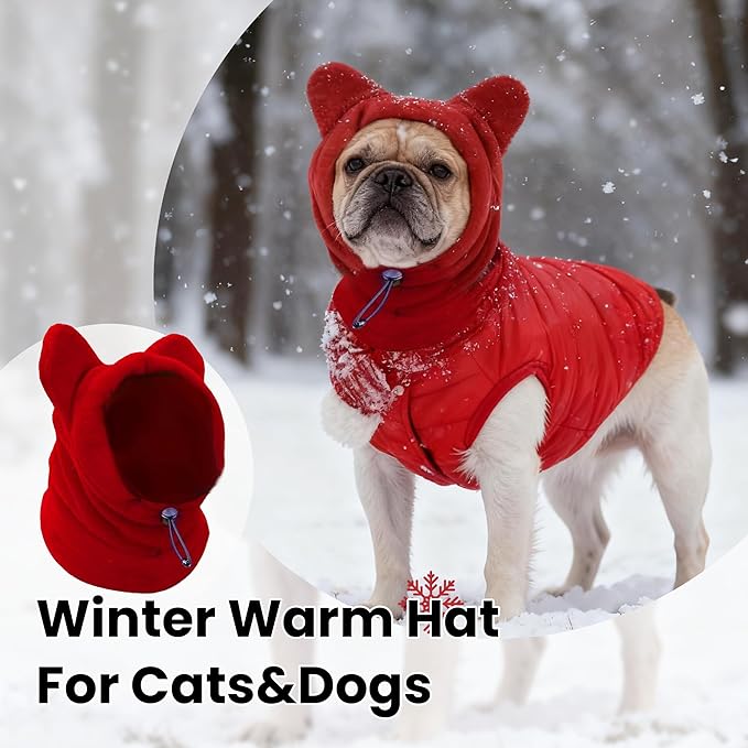 Warm Hooded Hat for Dogs & Cats, Autumn/Winter Wool Pet Headwear with Cute Ears, Adjustable Pet Scarf for Cold Days, Soft Neck Warmer for Small/Medium/Large Pets (Red, Large)
