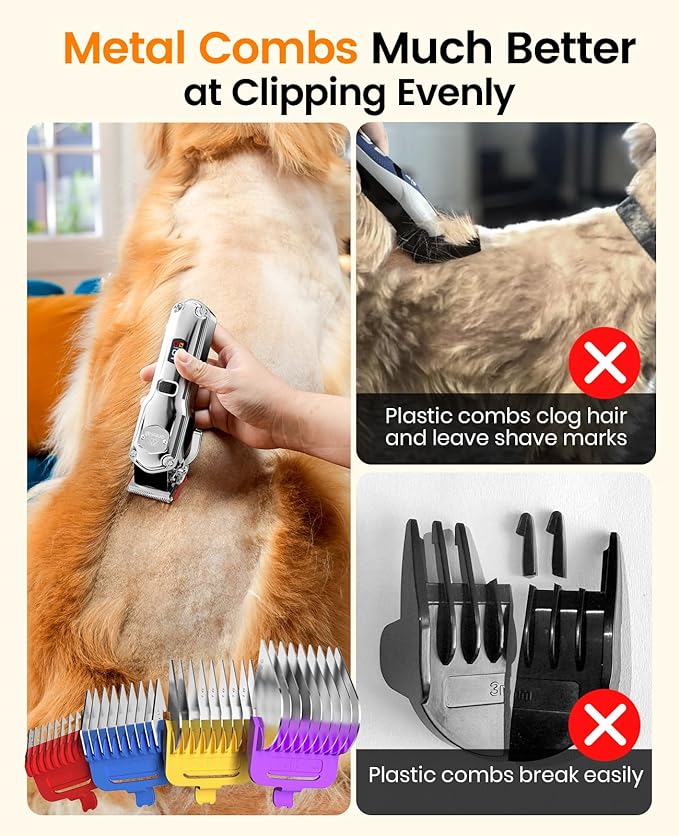 oneisall Dog Clippers for Grooming Thick Hair Professional,Cordless/Rechargeable Pet Grooming Kit with Detachable Metal Combs, Low Noise Heavy-Duty Pet Clippers for Thick/Curly/Fine/Wavy Hair (Sliver)