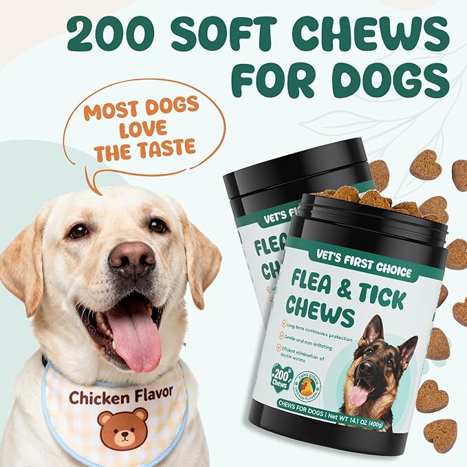 Flea and Tick Prevention for Dogs Chewable, Natural Flea and Tick Treatment Chews, 200 Soft Oral Dog Flea Supplement for Puppy & All Breeds