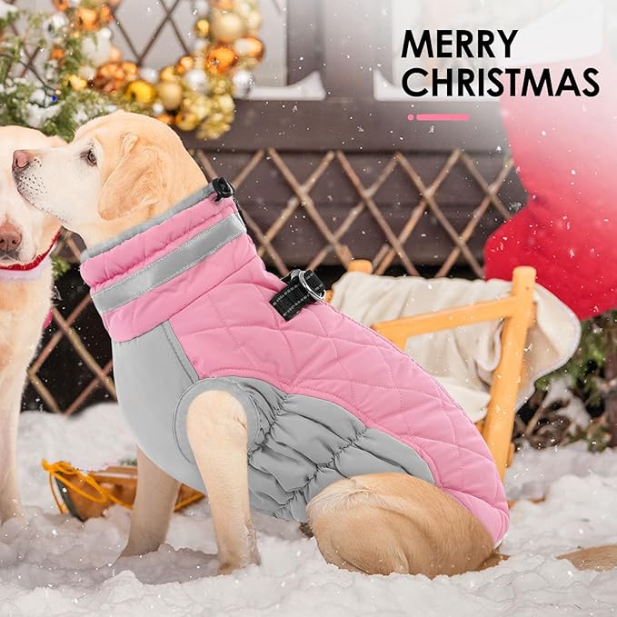 AOFITEE Dog Coat, Warm Dog Winter Coat for Large Dogs, Reflective Turtleneck Dogs Jacket with Harness Built in, Waterproof Windproof Pet Puffer Jacket Fleece Vest for Cold Weather, Pink XXXL