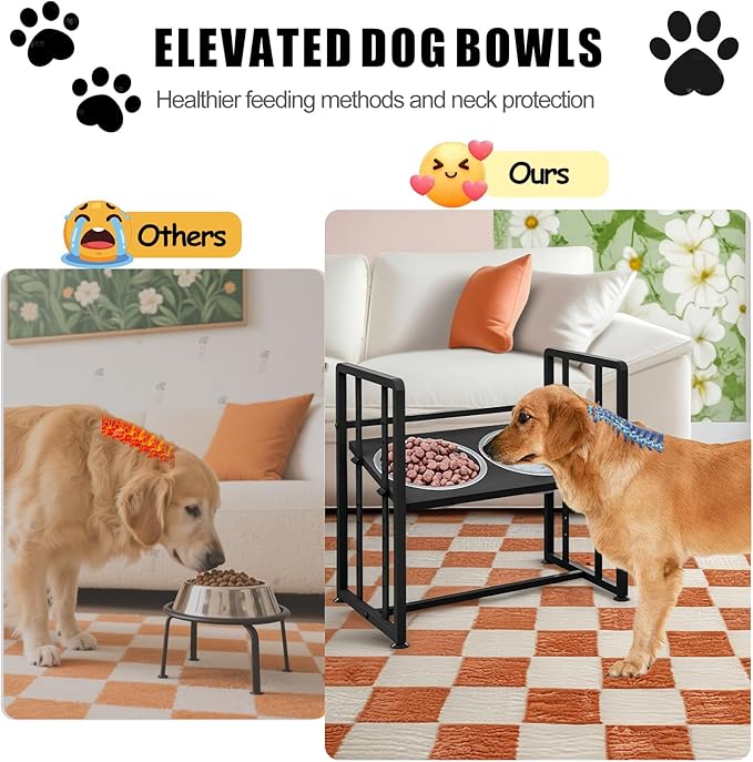 Elevated Dog Bowls 4 Height Adjustable Metal Pet Food Feeder Stand with 2 Stainless Steel Bowl Raised Dogs Feeding Station with Non-Slip Mats Black (Black, Without Feeding Mat)