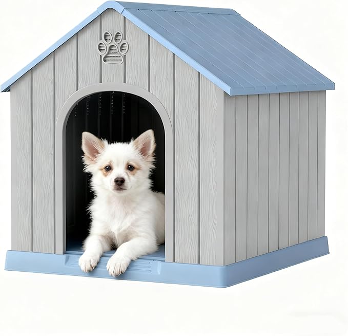 Dog House Outdoor Indoor for Medium Large Dogs, Durable Plastic Waterproof Doghouse with Air Vents and Elevated Floor, Easy Clean and Assemble (Blue, 26.18''L × 24.02''W × 25.98''H)